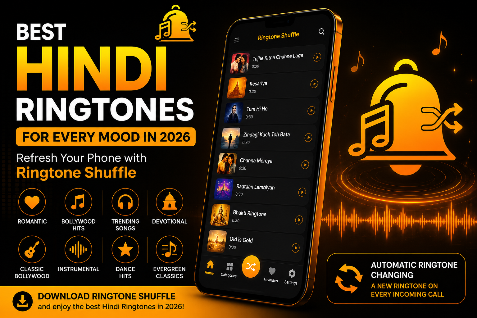 Best Hindi Ringtones 2026 showcased in the Ringtone Shuffle app with automatic ringtone changing for Android.