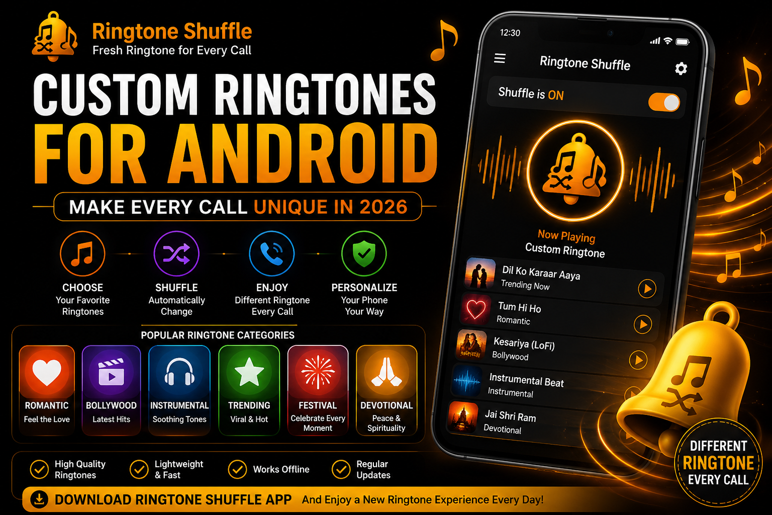 Custom Ringtones for Android in 2026 with Ringtone Shuffle app automatically changing a different ringtone for every incoming call.