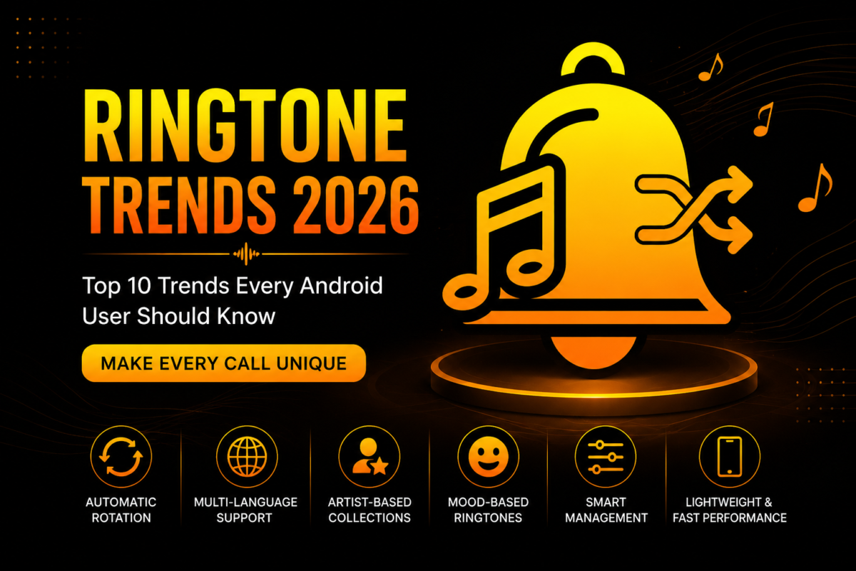 Ringtone Trends 2026 featuring automatic ringtone rotation, multi-language support, artist collections, and the Ringtone Shuffle app for Android.