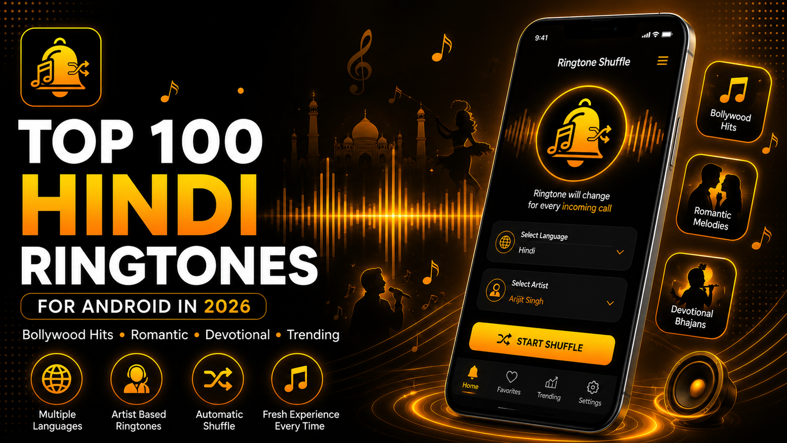 Top 100 Hindi Ringtones for Android in 2026 featuring Bollywood, Romantic, Devotional and Trending Hindi ringtones with automatic ringtone shuffle app.
